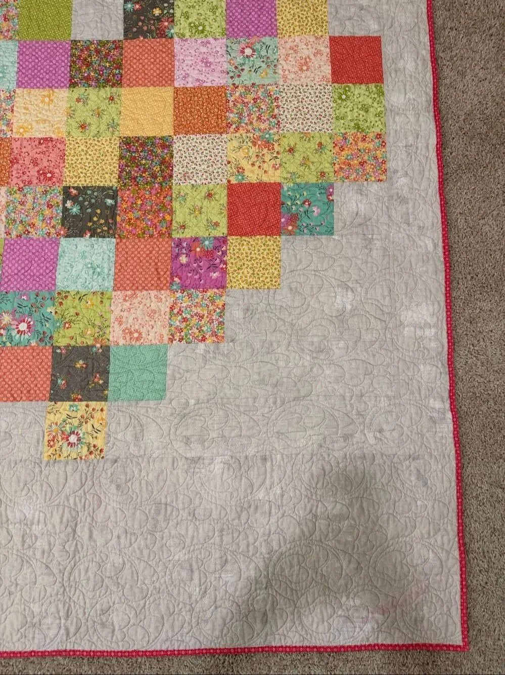 Handmade Heart Patchwork Quilt | Floral Cottagecore Throw | Pink & White Quilted